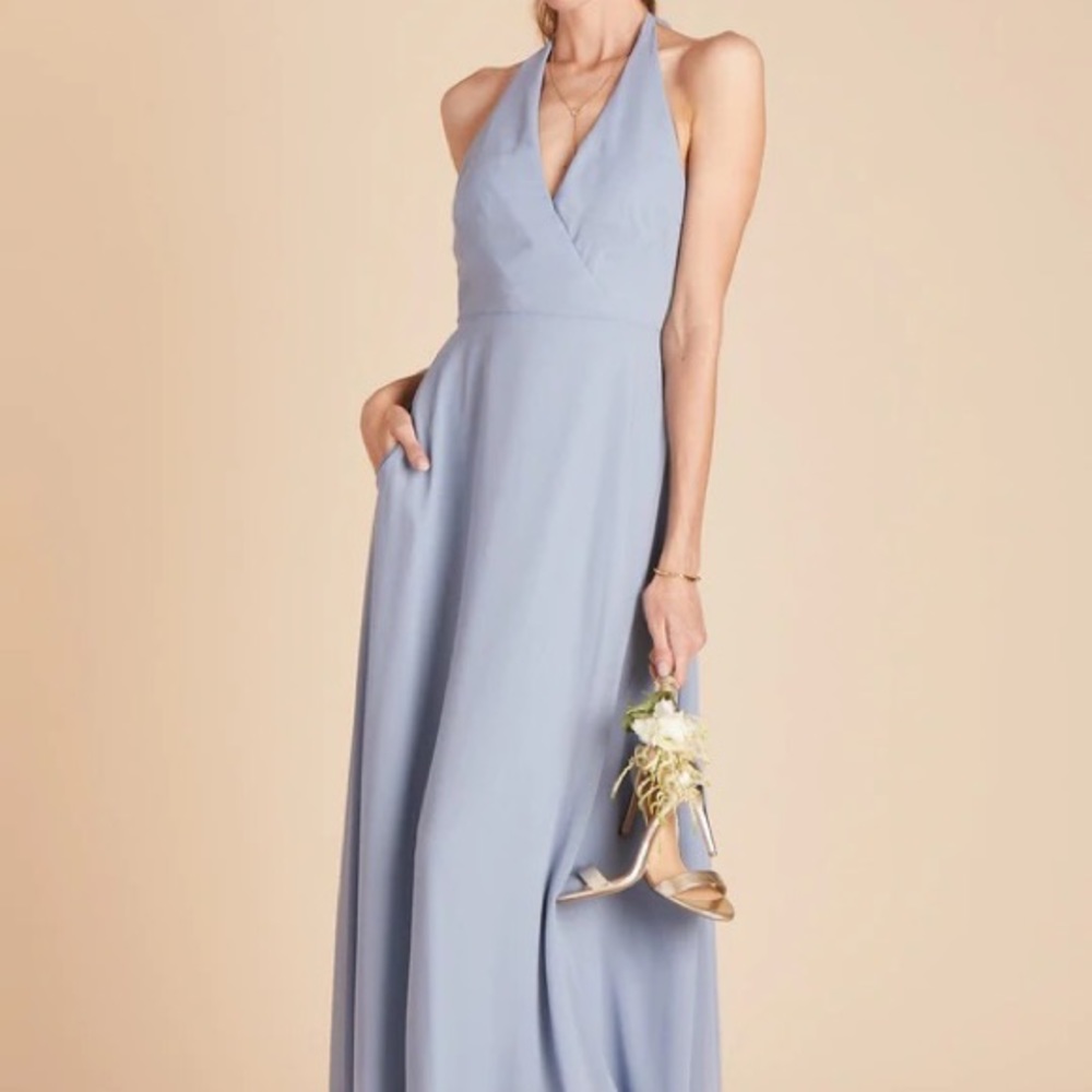 Blue Bridesmaids Dress, Plunging V Neck and Open Back Convertible Halter Pageant